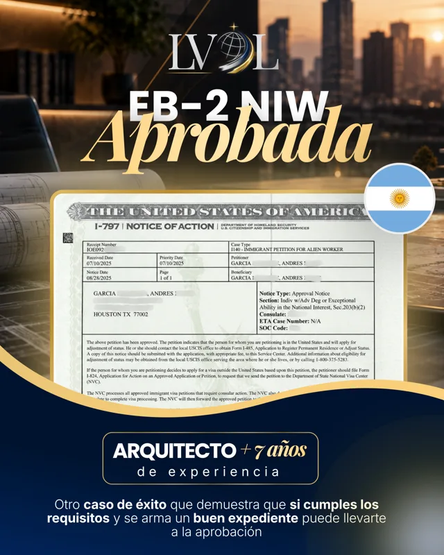 Aviso de aprobación EB-2 NIW de un arquitecto de Argentina