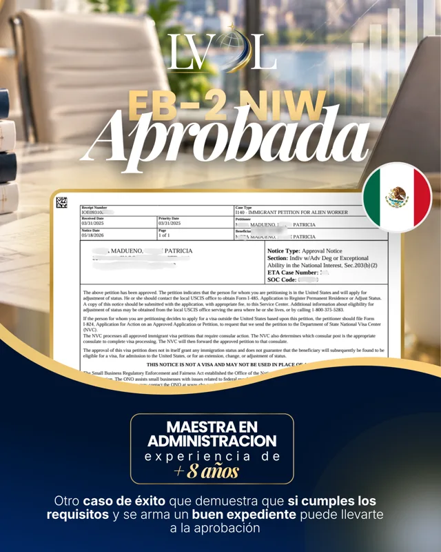 Aviso de aprobación EB-2 NIW de una maestra en administración de México