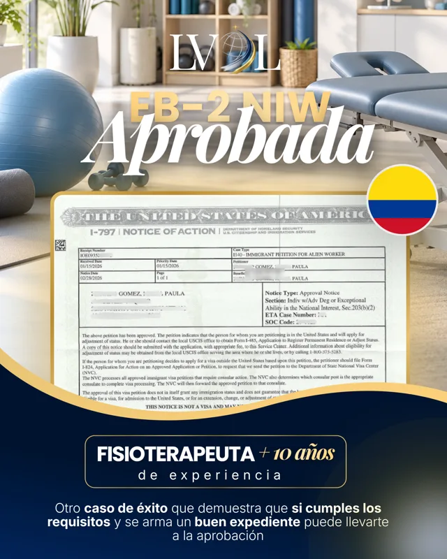 Aviso de aprobación EB-2 NIW de una fisioterapeuta de Colombia